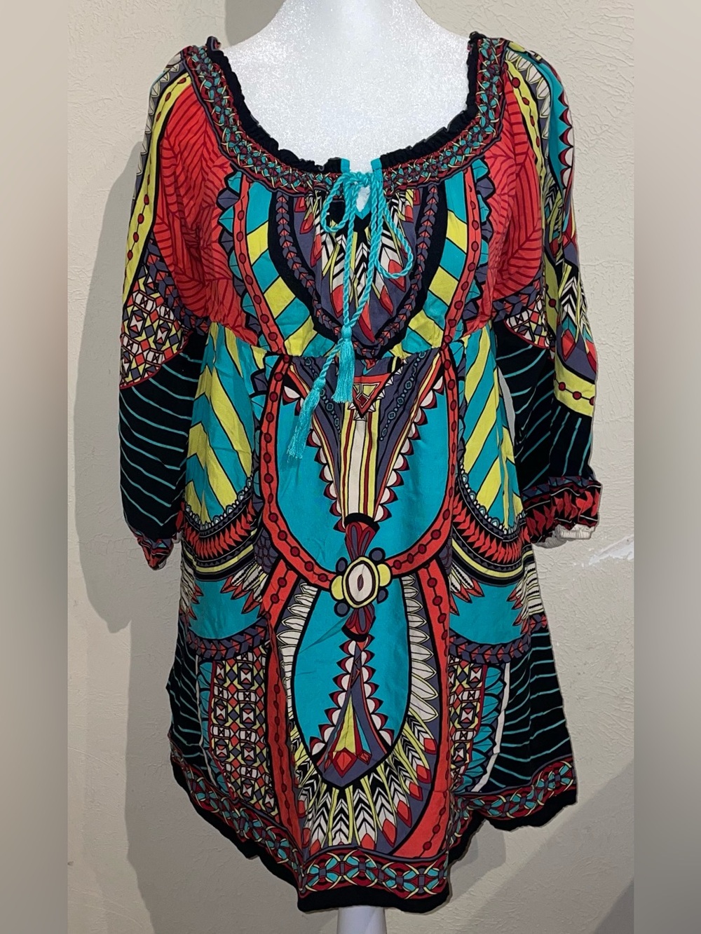 Flying Tomato Women’s Size L Boho Tunic Blouse Rayon Tribal Dashiki Festival Tie - Picture 2 of 7